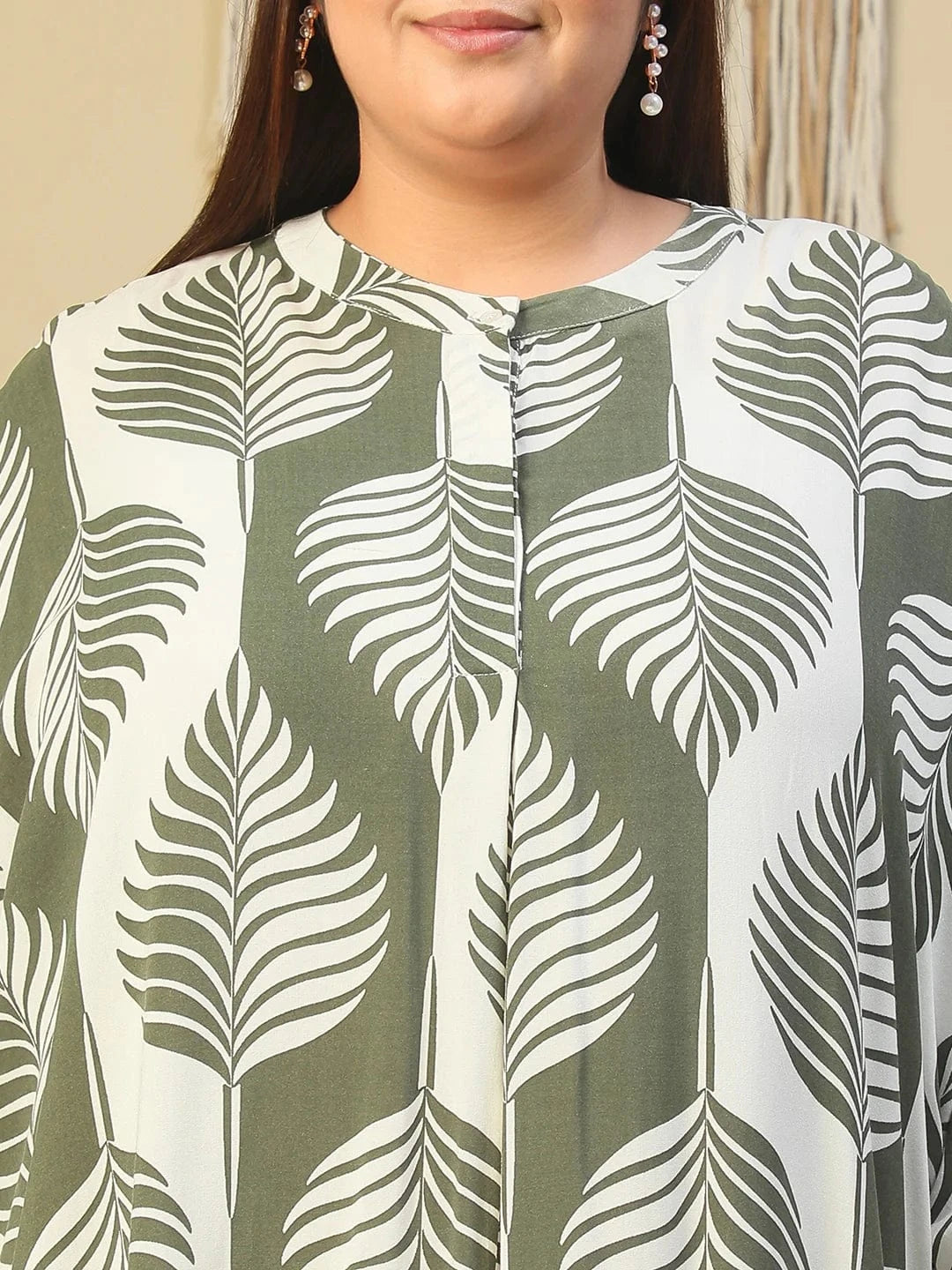 Green Round Neck With Button Placket Rayon Tropical Print Long Sleeve High Low Plus Size Women Tunic