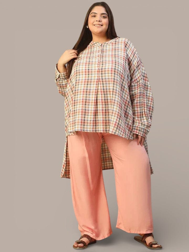 Multicolor Round Neck With Button Placket Long Sleeve High Low Yarn Dyed Check Print Plus Size Women Cotton Tunic