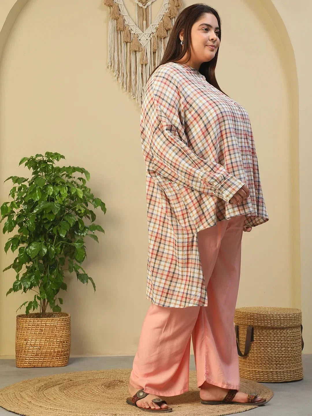 Multicolor Round Neck With Button Placket Long Sleeve High Low Yarn Dyed Check Print Plus Size Women Cotton Tunic - oxolloxo
