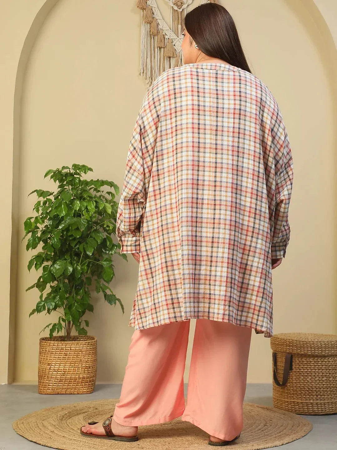 Multicolor Round Neck With Button Placket Long Sleeve High Low Yarn Dyed Check Print Plus Size Women Cotton Tunic - oxolloxo