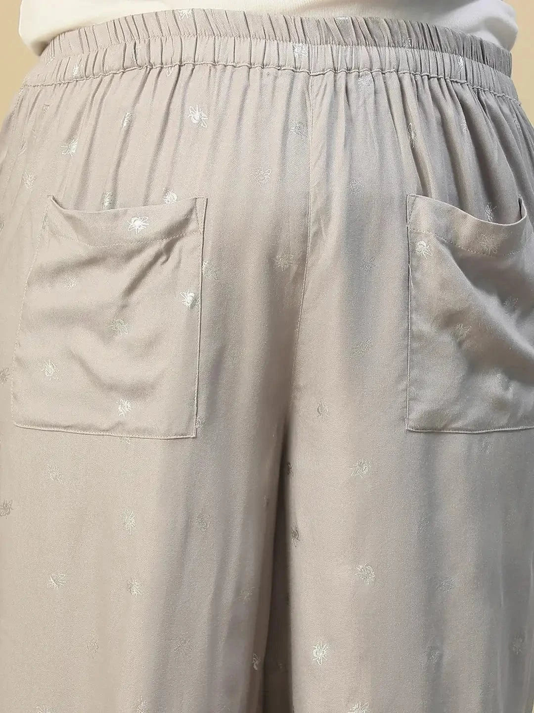 Grey Elasticated  Royal Twill Foil Print Plus Size Women Trouser With Front Pockets
