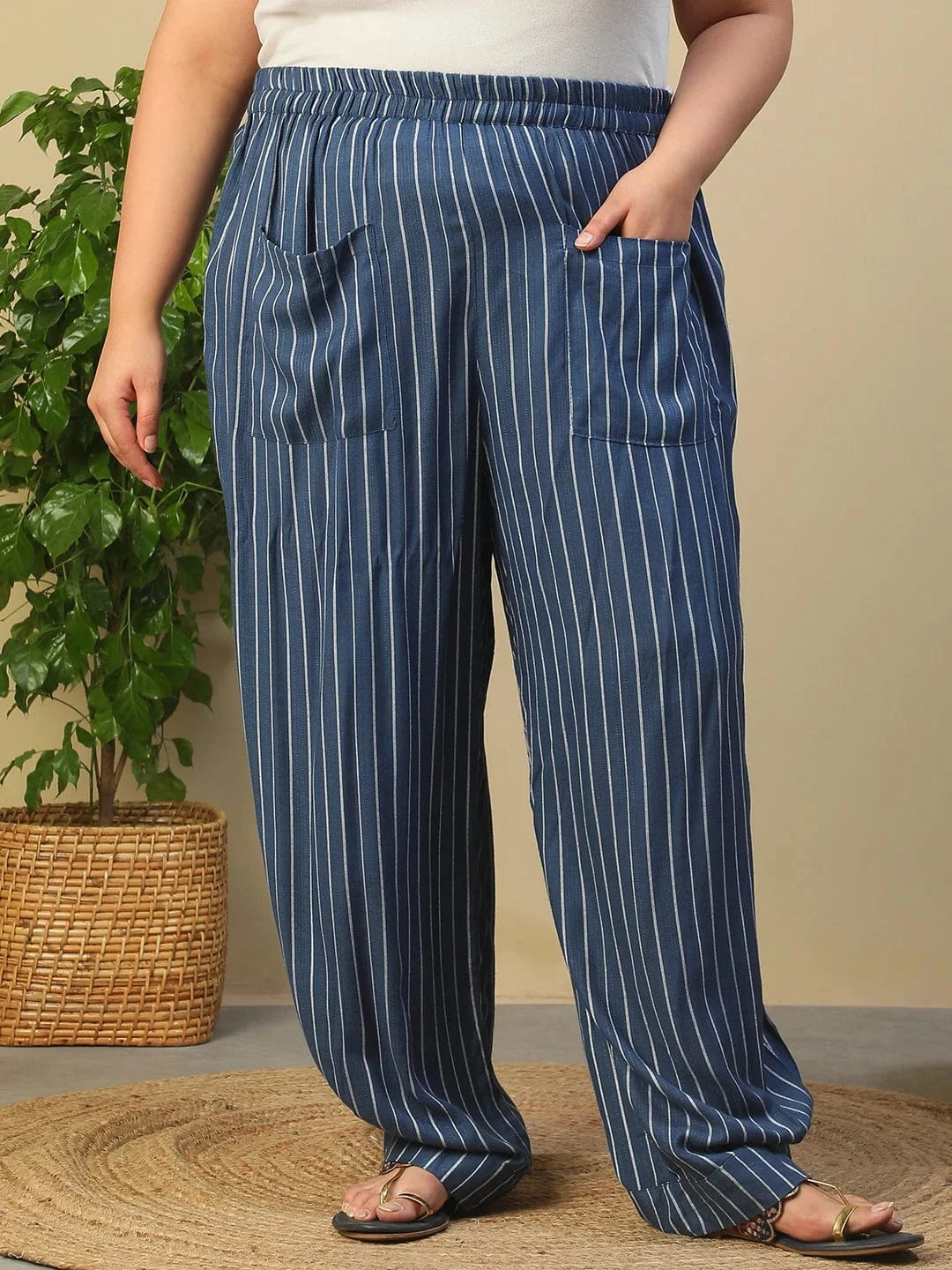 Blue Elasticated  Stripe Print Plus Size Women Dobby Trouser With Front Pockets