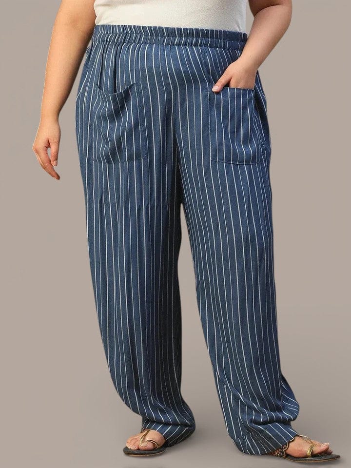 Blue Elasticated  Stripe Print Plus Size Women Dobby Trouser With Front Pockets