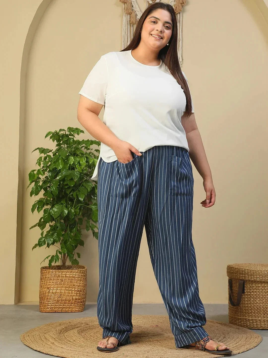 Blue Elasticated Stripe Print Plus Size Women Dobby Trouser With Front Pockets - oxolloxo