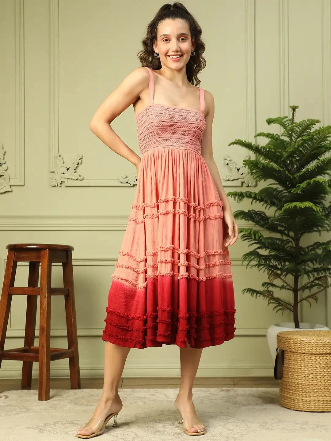 Light Pink Shoulder Strap Smocking Detailed Women Long Flare Ruffle Tie-Dye Dress