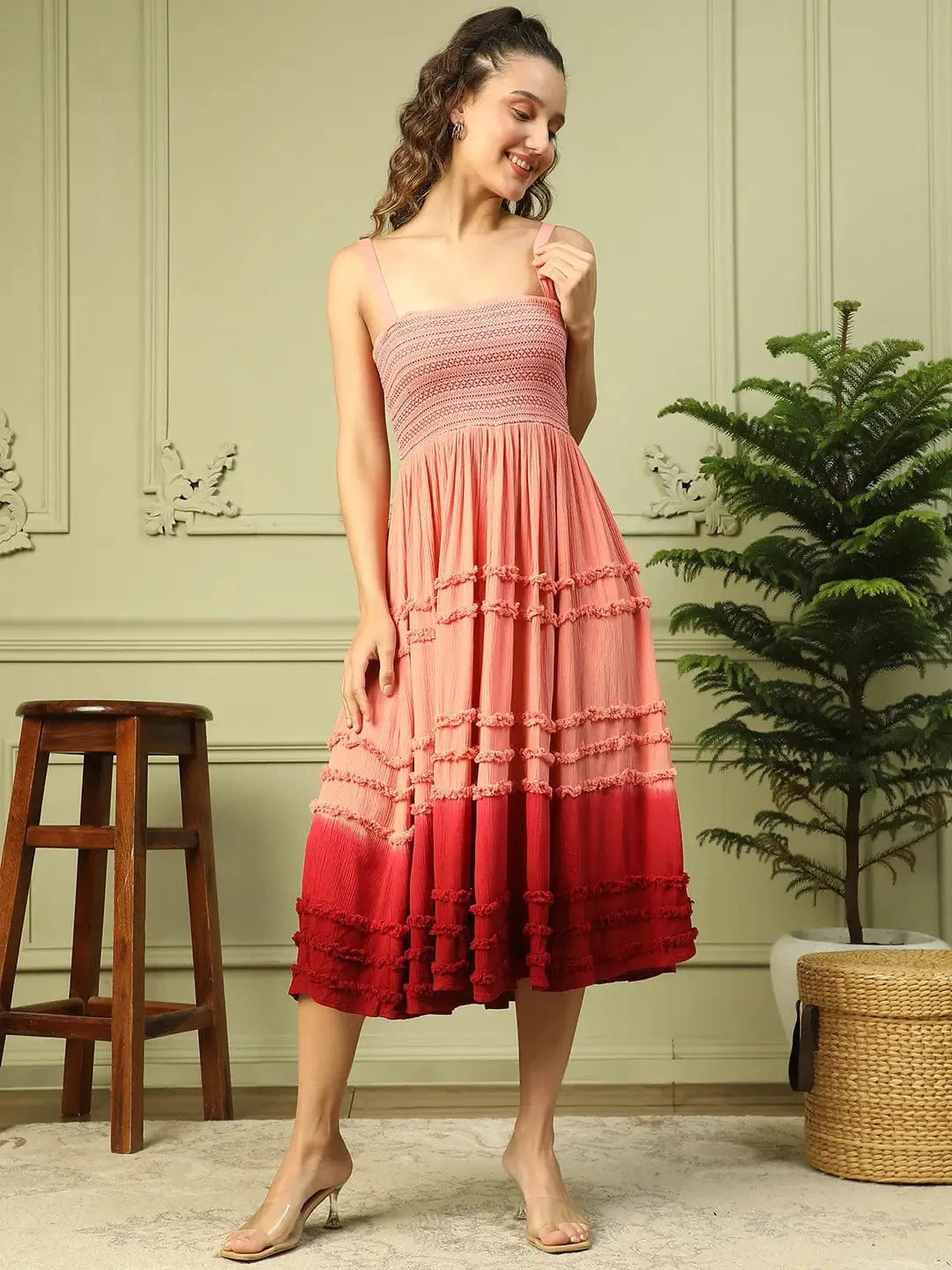 Light Pink Shoulder Strap Smocking Detailed Women Long Flare Ruffle Tie-Dye Dress