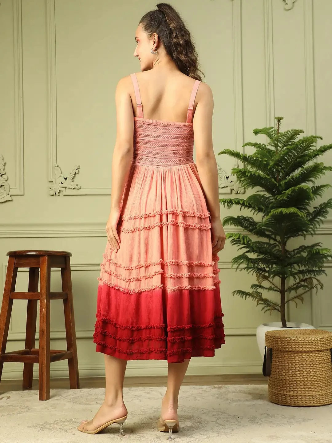 Light Pink Shoulder Strap Smocking Detailed Women Long Flare Ruffle Tie-Dye Dress