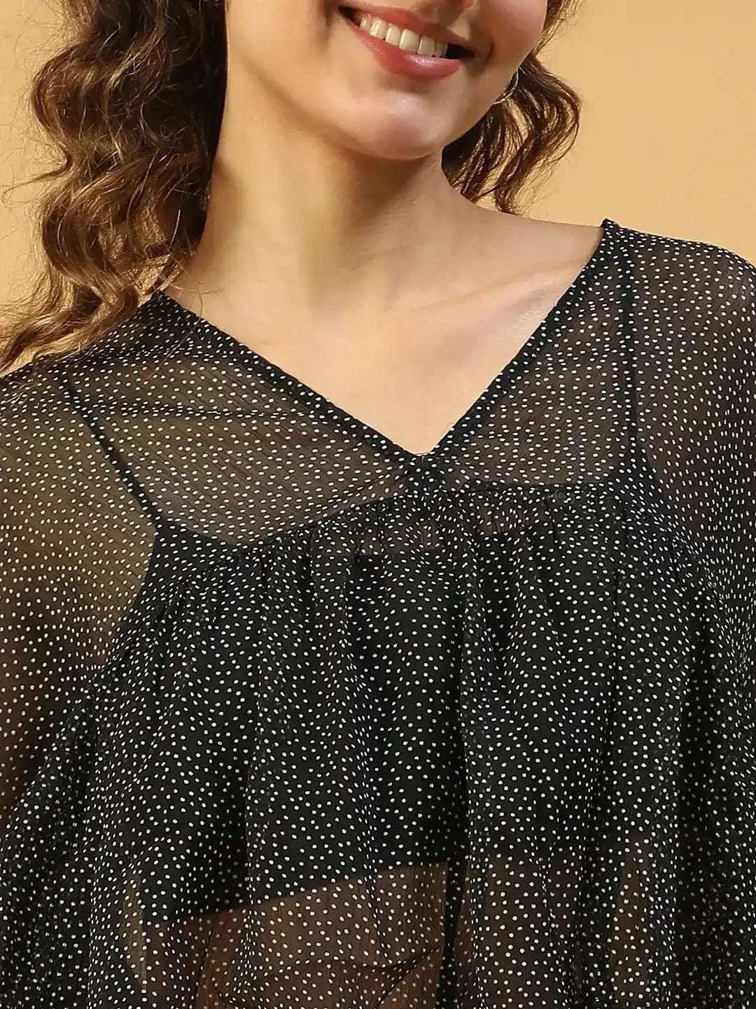 Fine Black Polka Dot Print With  Long Extended Baggy Sleeve Women Chiffon Top