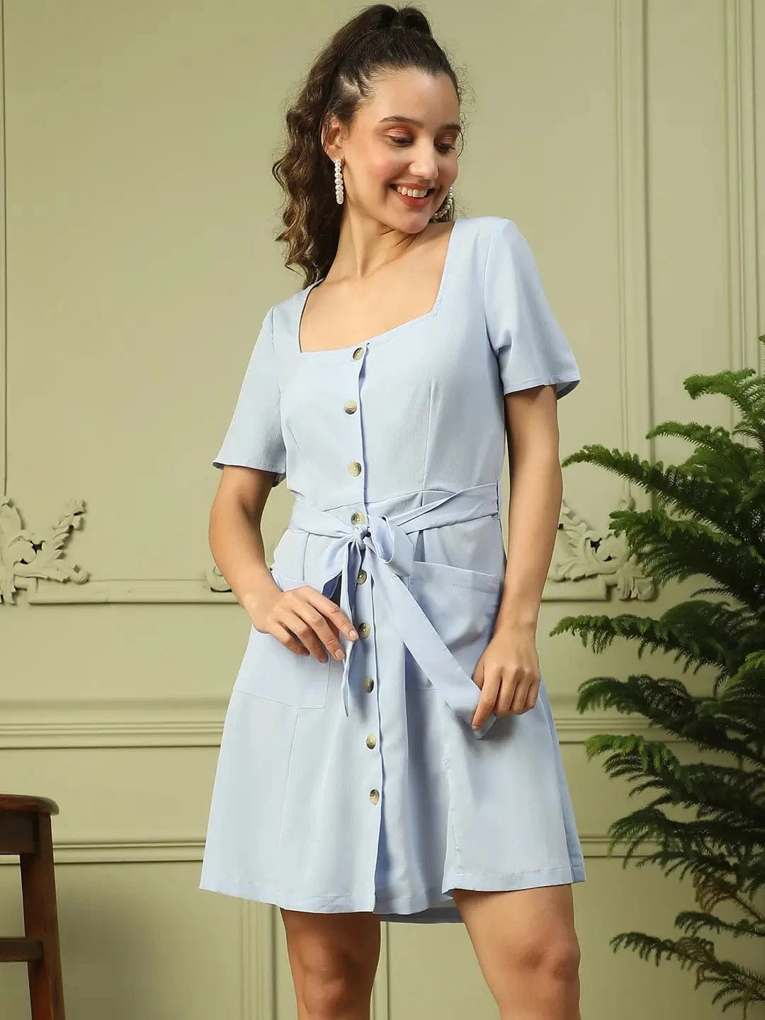 Women Blue Round Neck Short Sleeve Button Down Dress With Pocket Detail and Tie Knot Waist Belt