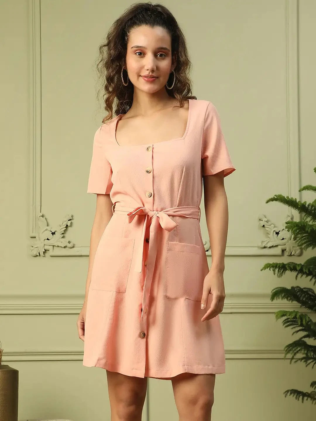 Women Peach Round Neck Short Sleeve Button Down Dress With Pocket Detail and Tie Knot Waist Belt