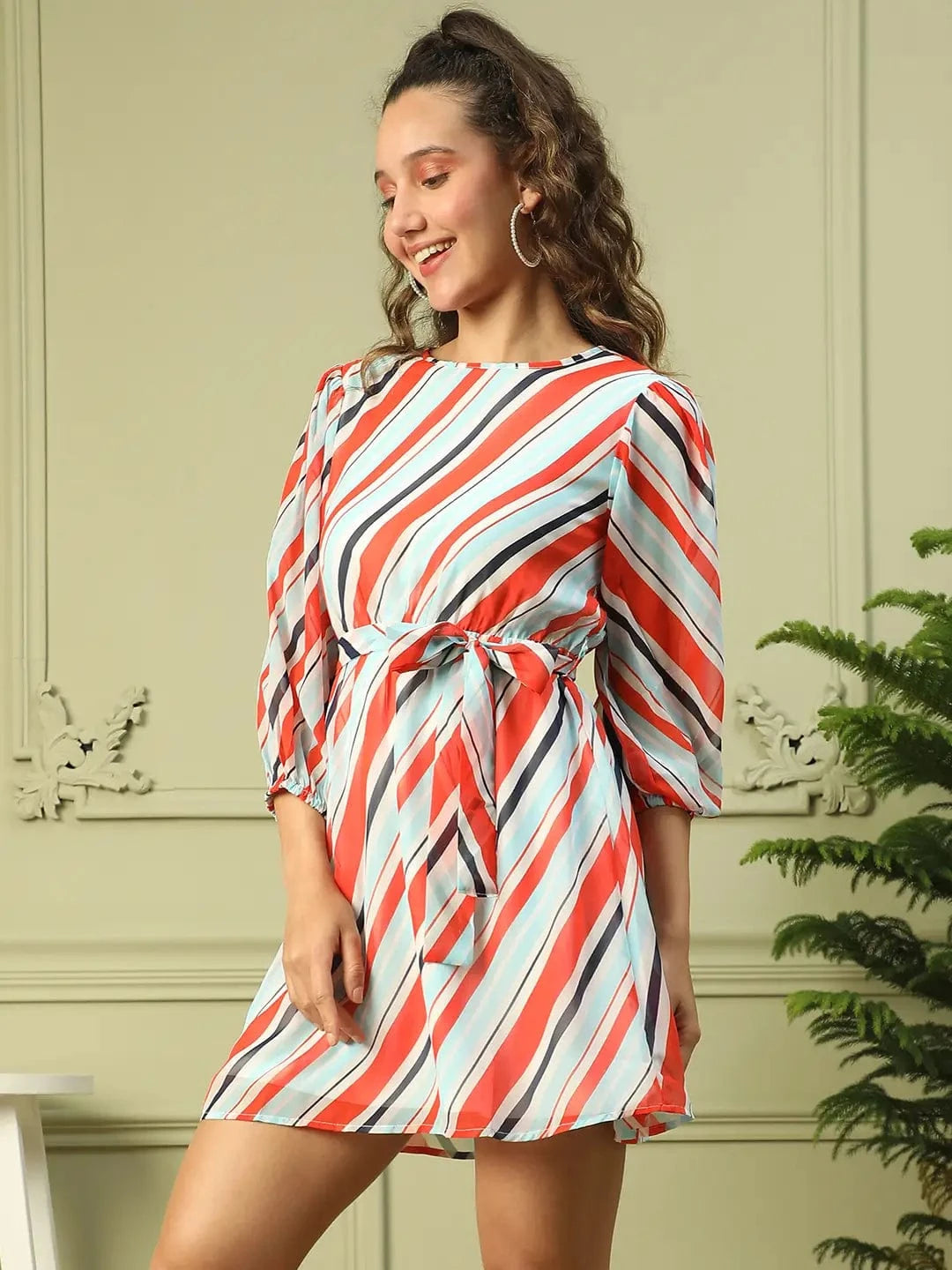 Women Multicolor Round Neck Full Sleeves Stripe Print Above Knee- Length Dress With Tie-Knot Belt
