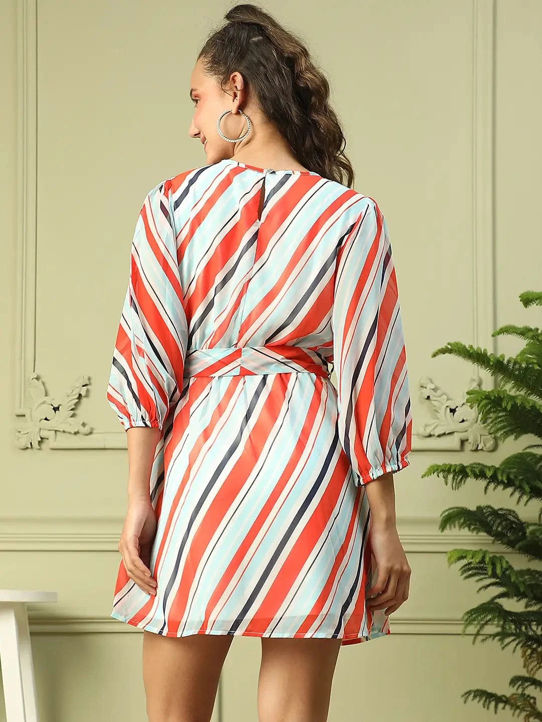 Women Multicolor Round Neck Full Sleeves Stripe Print Above Knee- Length Dress With Tie-Knot Belt