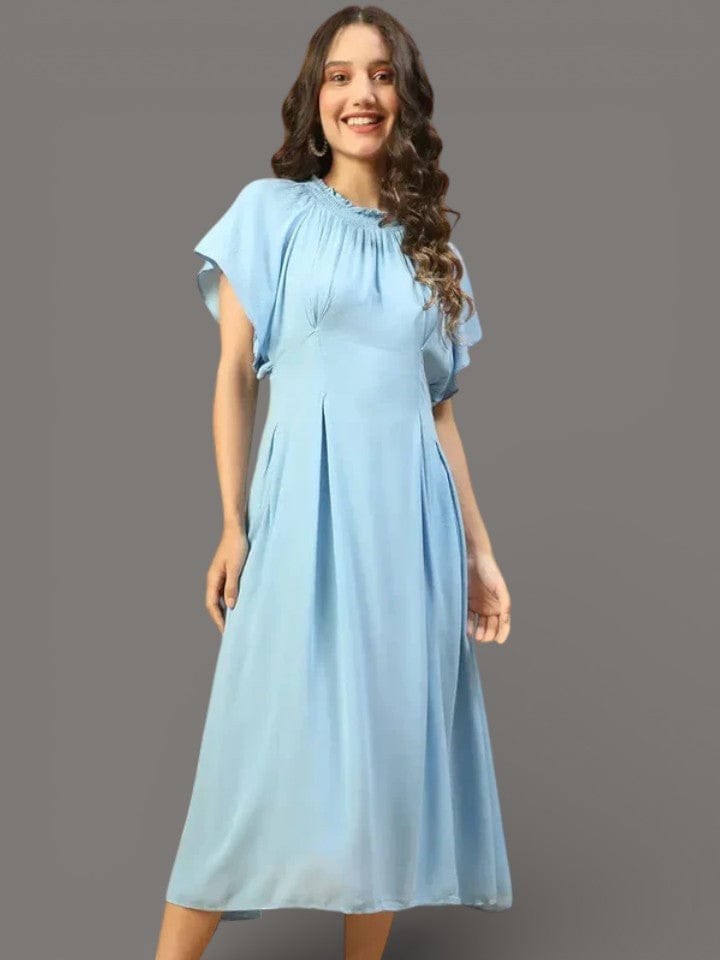 Blue Maxi Dress - Women's Long Pleated Butterfly Sleeve Smocking Detail Gown