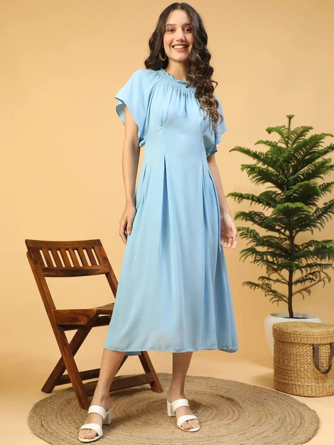 Sober Blue Butterfly Sleeve Pletaed Smocking Detailed Long Maxi Women Dress