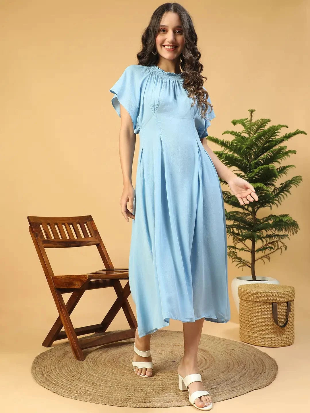 Sober Blue Butterfly Sleeve Pletaed Smocking Detailed Long Maxi Women Dress