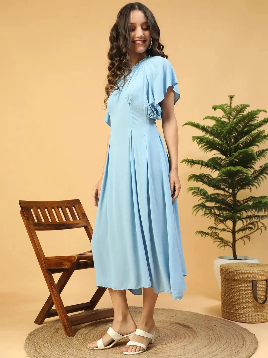 Sober Blue Butterfly Sleeve Pletaed Smocking Detailed Long Maxi Women Dress