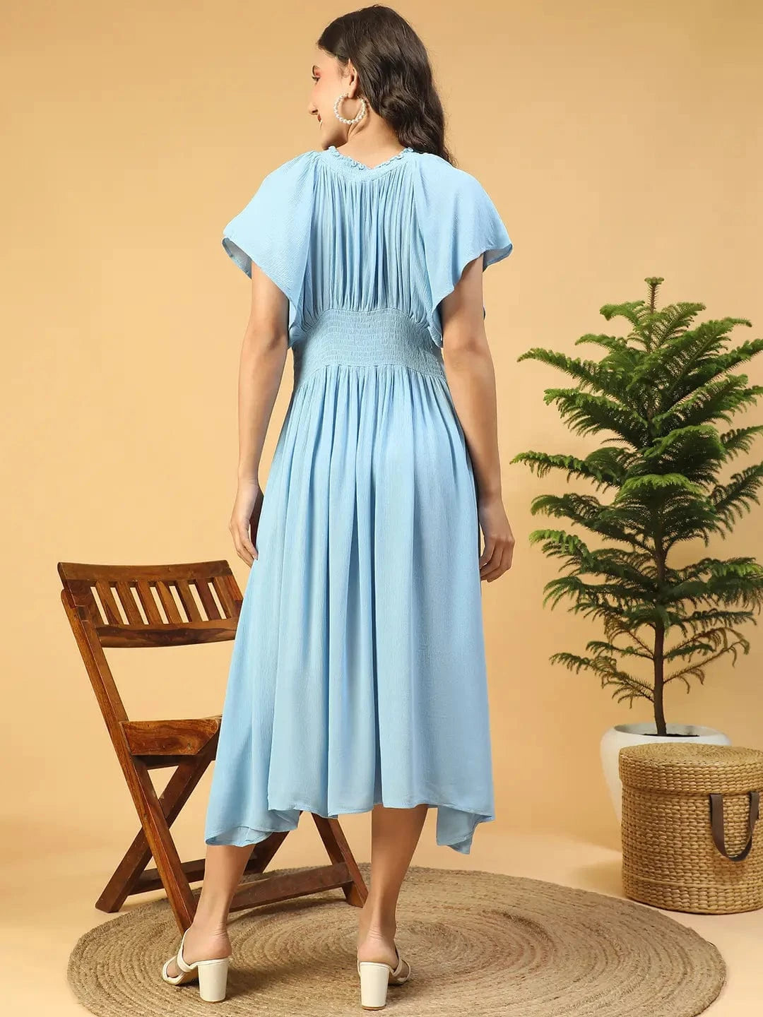 Sober Blue Butterfly Sleeve Pletaed Smocking Detailed Long Maxi Women Dress