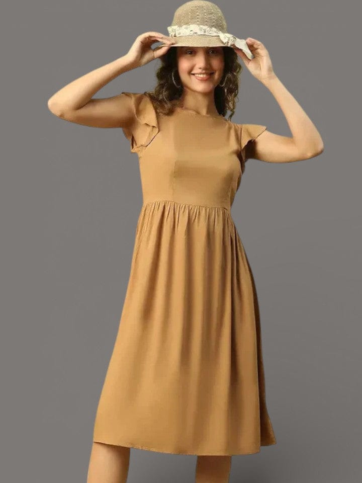 Boho Brown Dress - Women's Knee Length Short Sleeve Round Neck Casual Party Dress