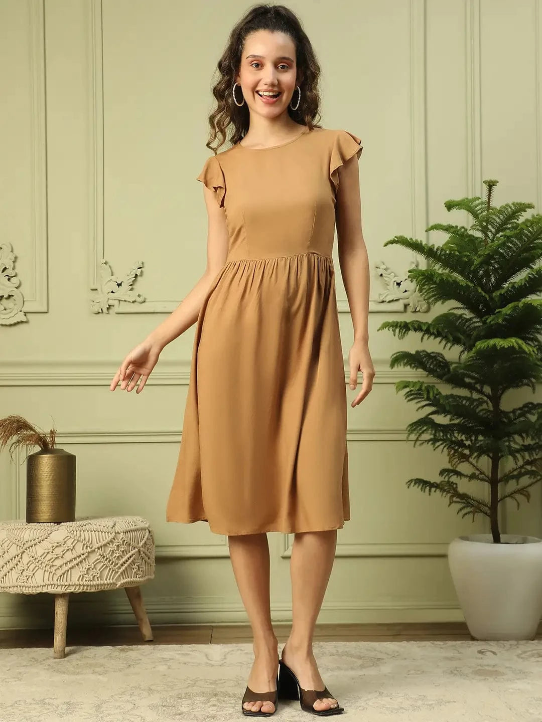 Boho Brown Short Sleeve Below Knee Length Women Dress