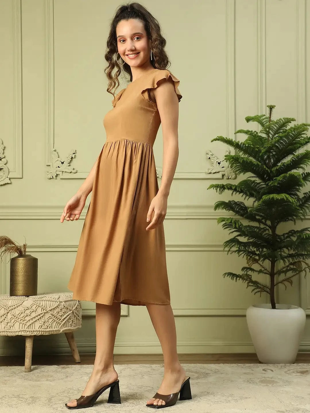 Boho Brown Short Sleeve Below Knee Length Women Dress