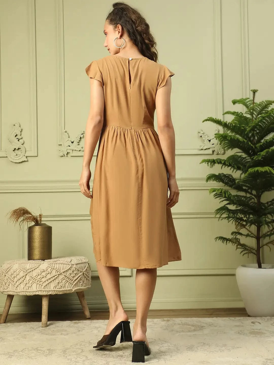 Boho Brown Short Sleeve Below Knee Length Women Dress