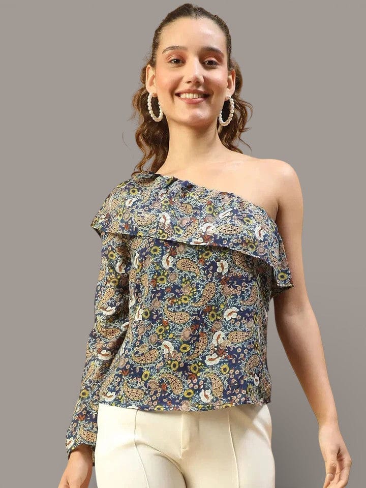 Off Shoulder Top - Multicolor Floral Print One Shoulder Design With Feminine Ruffle Detail