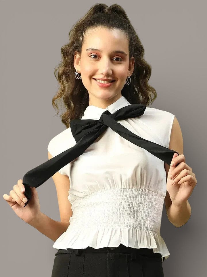 Ripped Neck Women Top - White Smocked Tie Bow Short Sleeve Blouse, Casual Party Wear