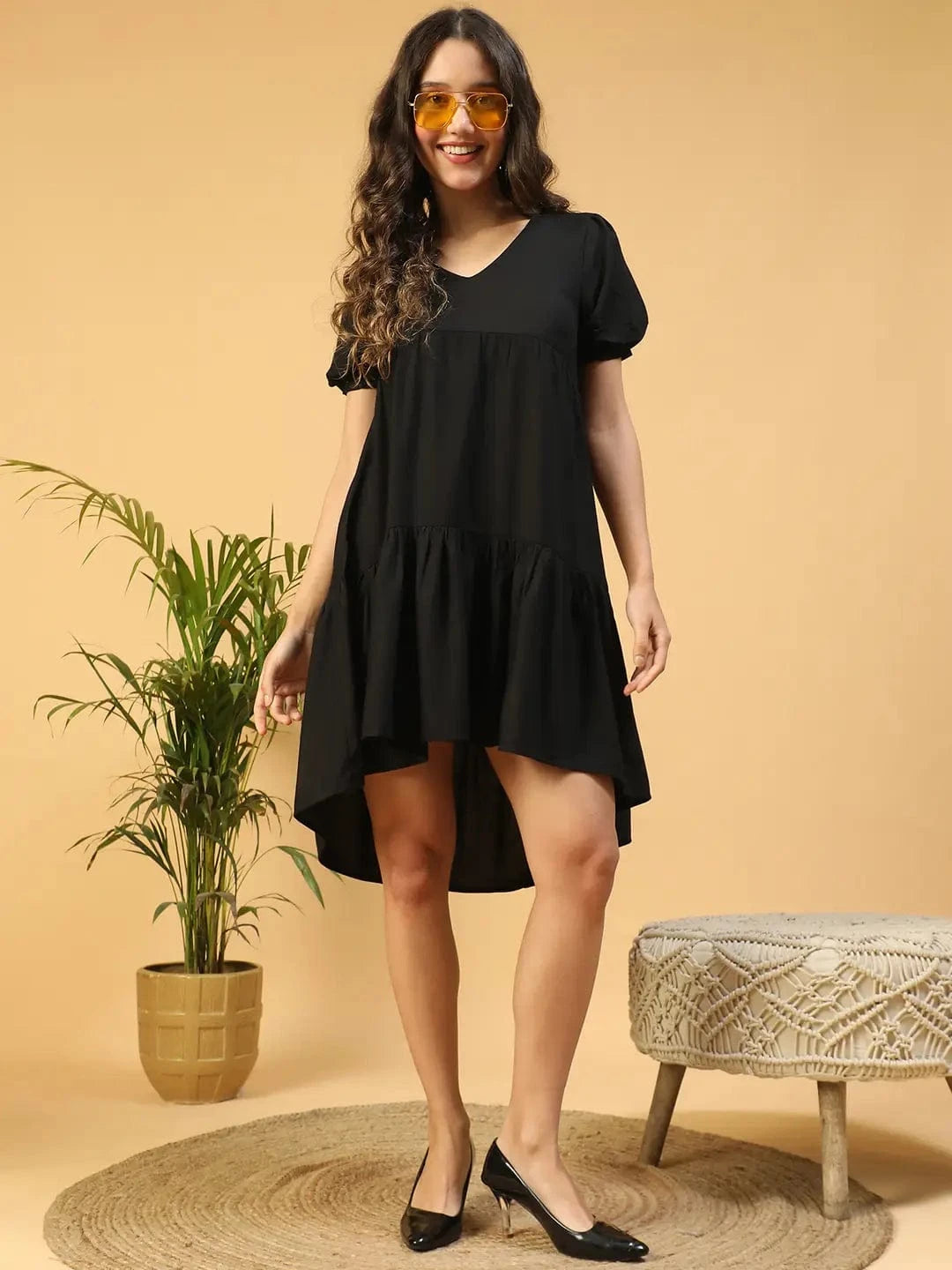 Women Soild Black V-Neck Short Sleeve High-Low Hem Cotton Dress