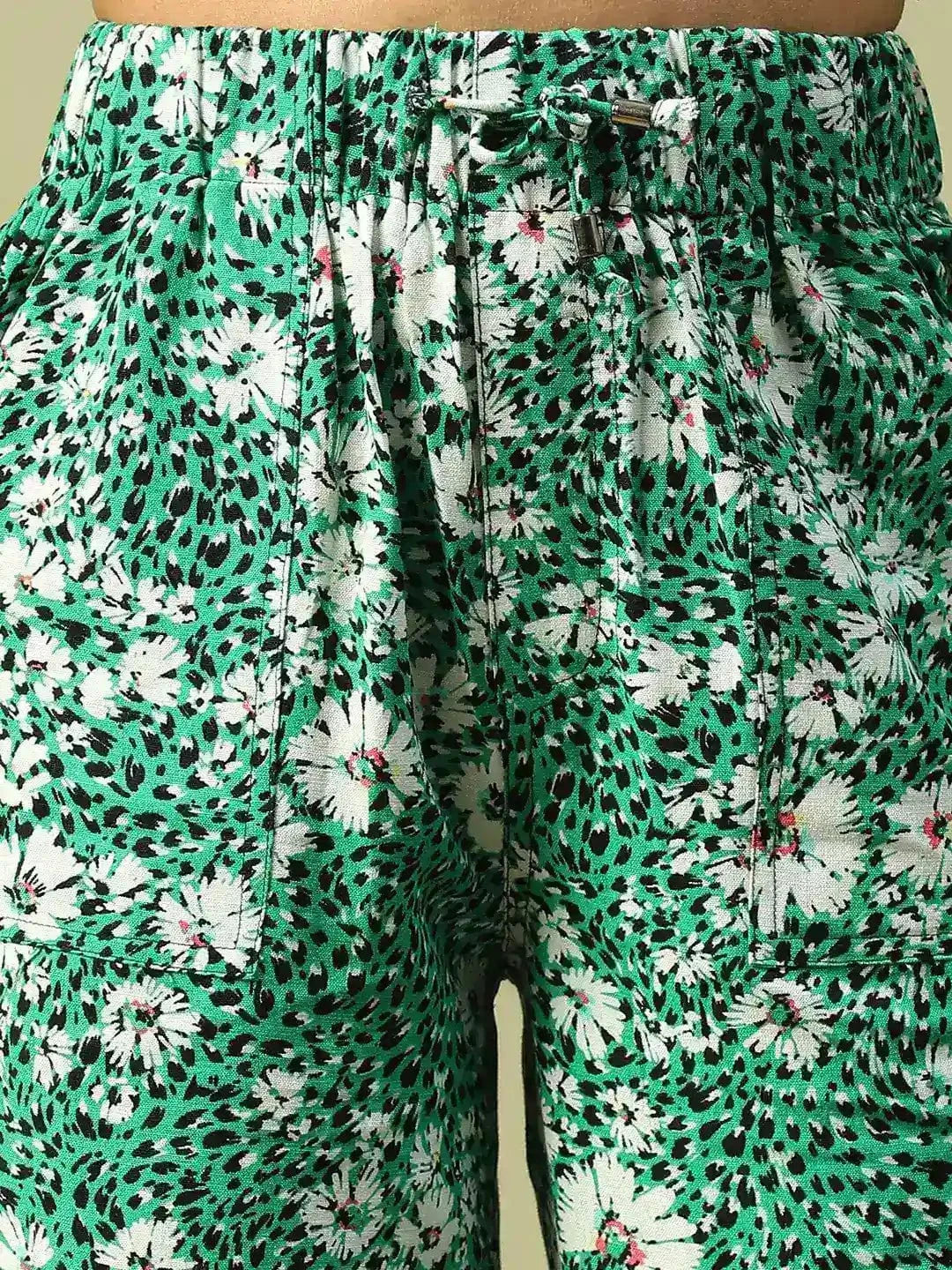 Classy Green Floral Print Elasticated Linen Cotton Pant with Tie-up Detail & Side Pockets