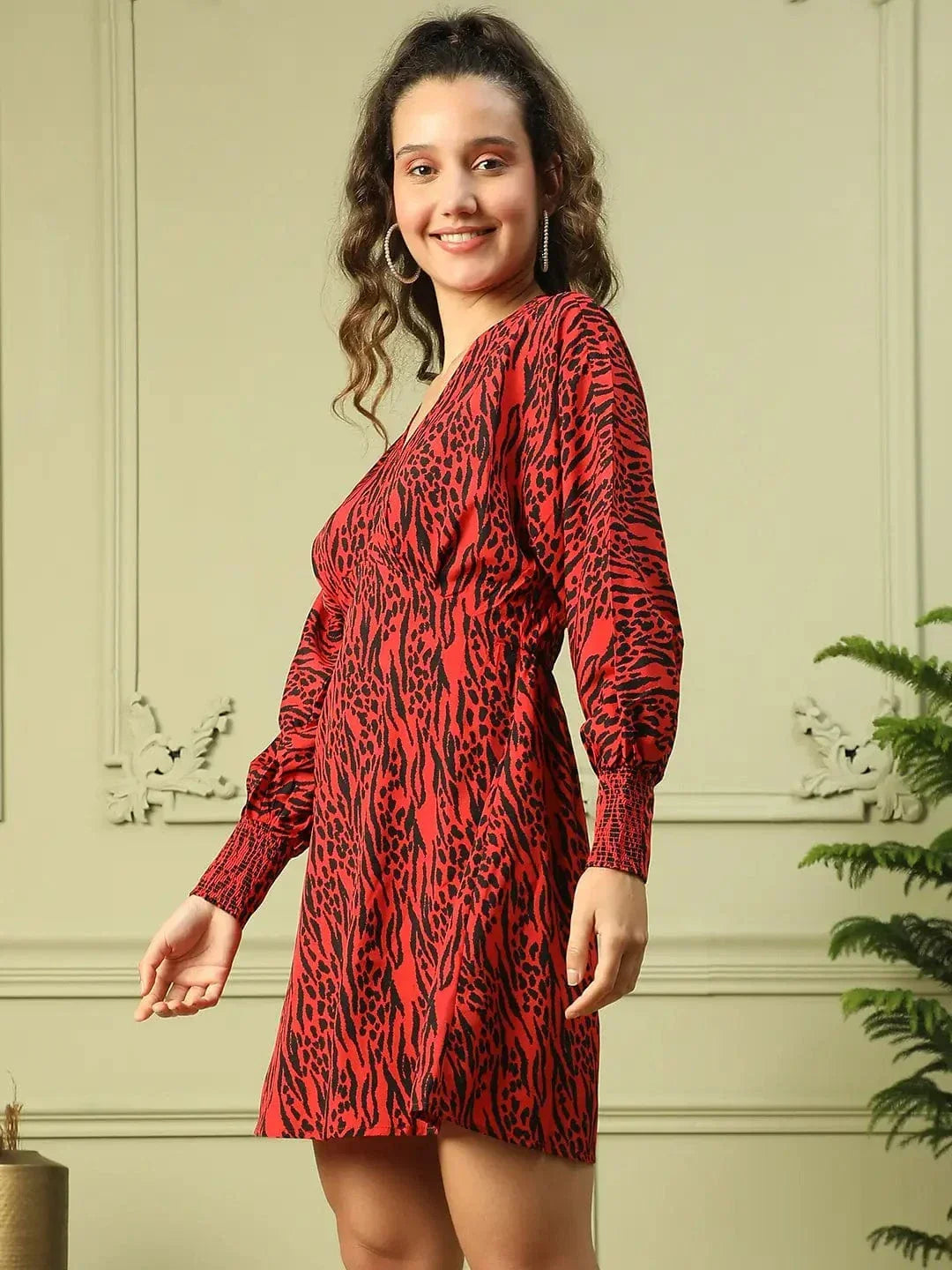 Women’s Red Animal Print V-Neck Long Sleeve Elasticated Above Knee-Length  Dress with Gathered Detail on the Side