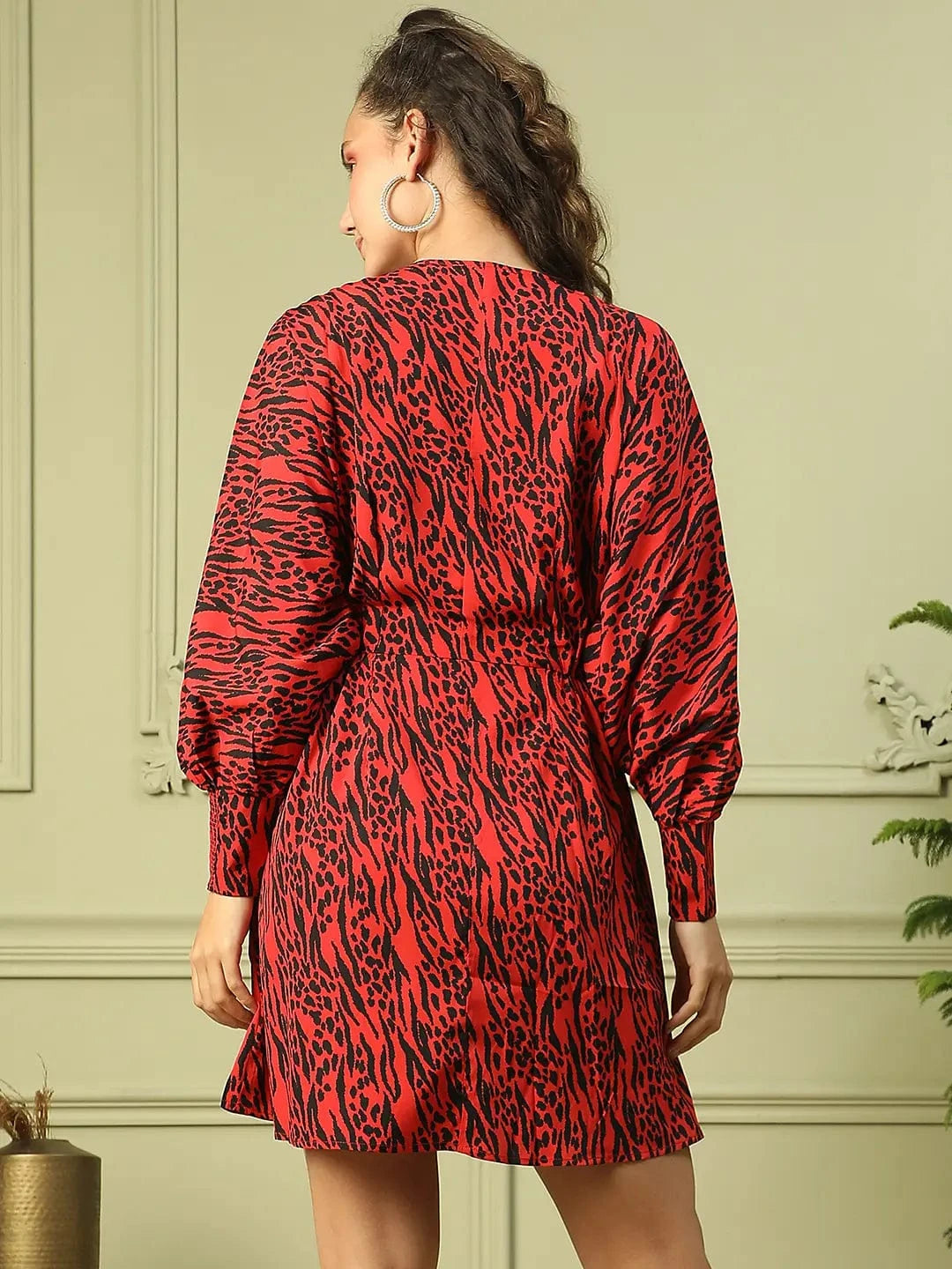 Women’s Red Animal Print V-Neck Long Sleeve Elasticated Above Knee-Length Dress with Gathered Detail on the Side