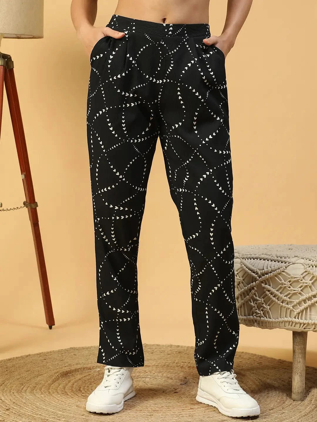 Black Printed Elasticated Pant With Side Pockets