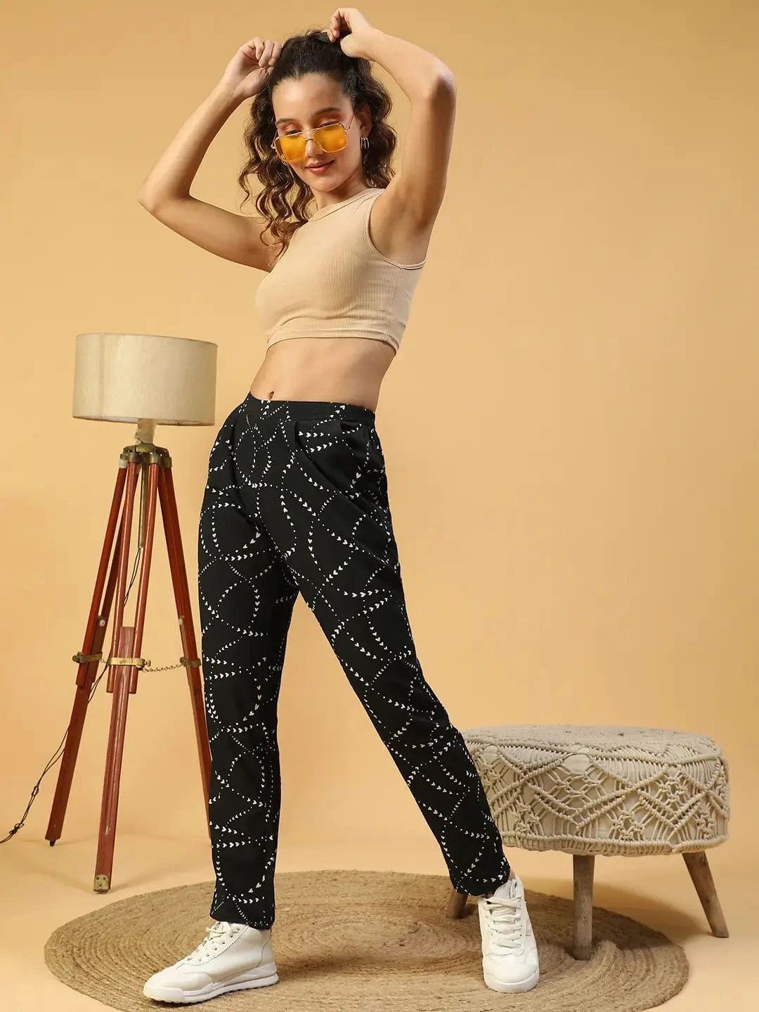 Black Printed Elasticated Pant With Side Pockets