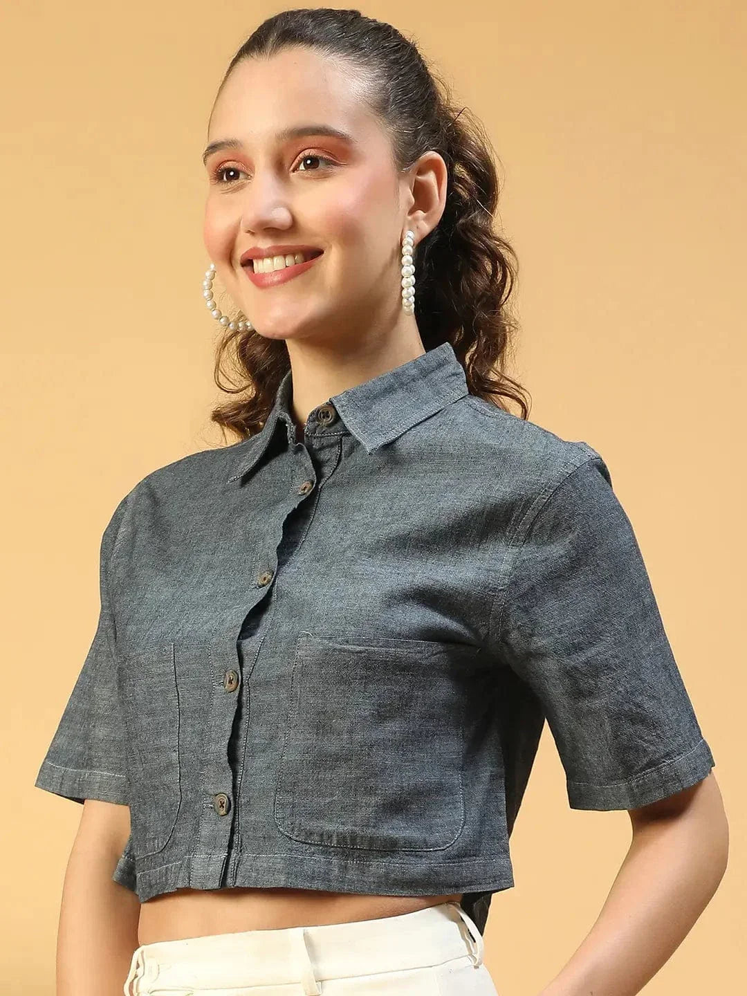 S Huate Blue Collared Button Down Short Sleeve Women Cotton Denim Crop Shirt