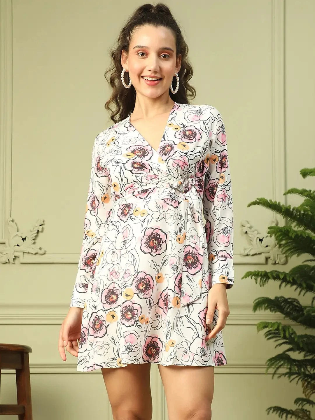 Women White Floral Print Long Sleeve V-Neck Above Knee Length Wrap Dress