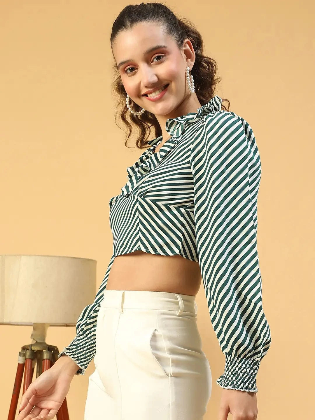 Stylo Green Stripe Print Ruffle Detailed Long Sleeve Women Crop Top