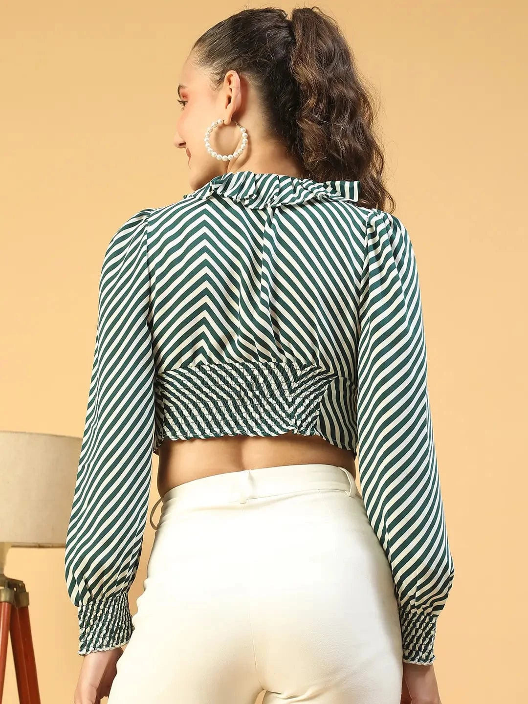 Stylo Green Stripe Print Ruffle Detailed Long Sleeve Women Crop Top