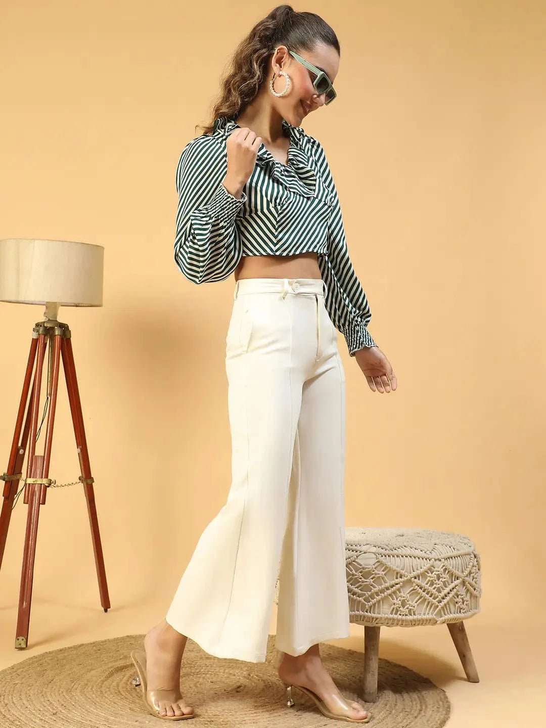 Stylo Green Stripe Print Ruffle Detailed Long Sleeve Women Crop Top