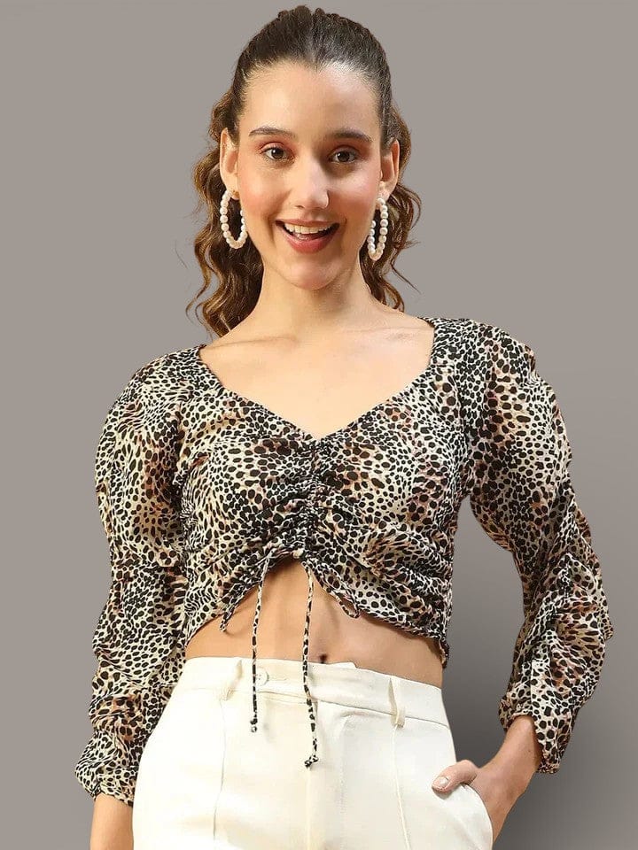 Animal Print Crop Top - Brown Long Sleeve Tie-Up Detail Women's Party Wear