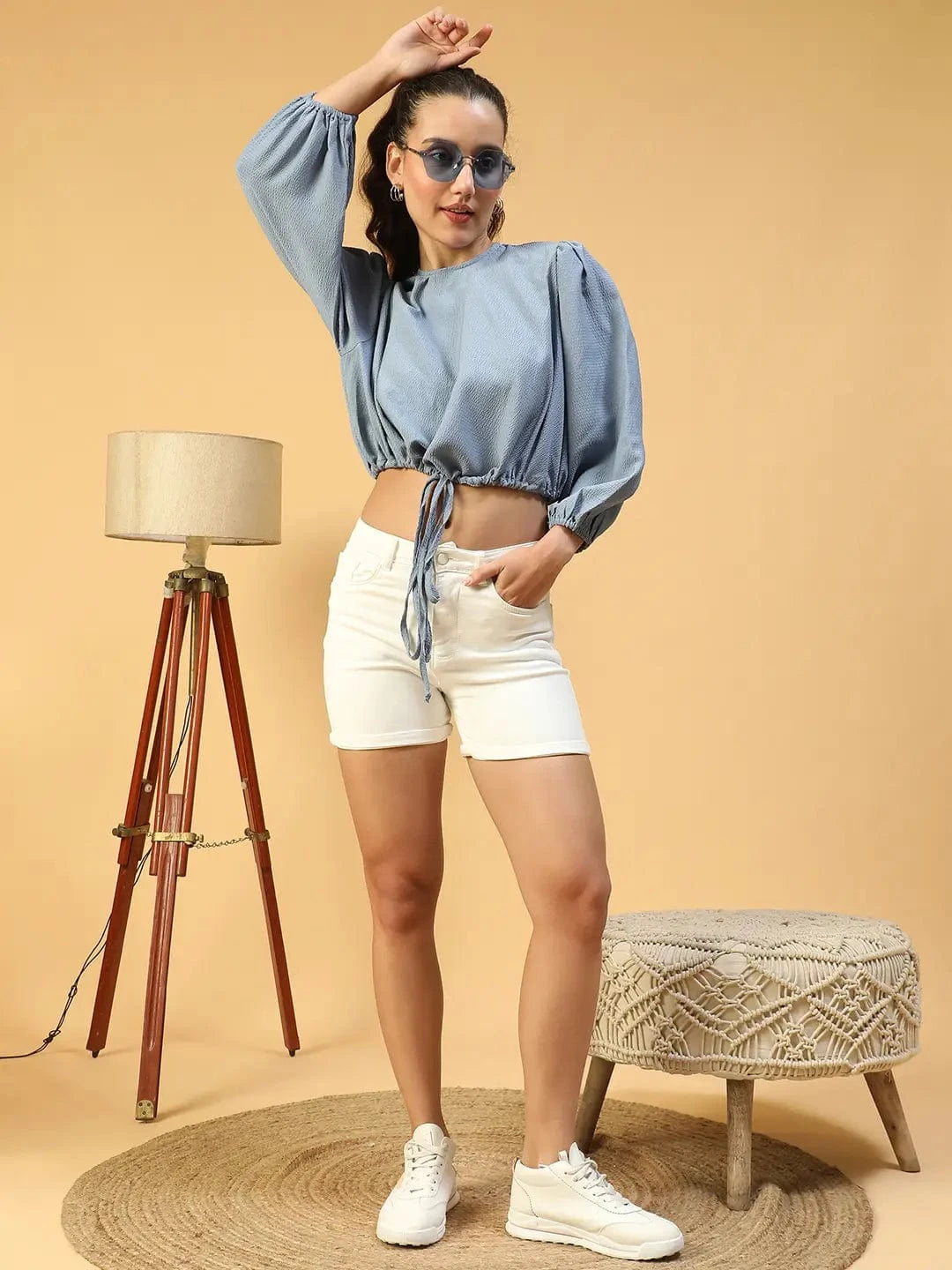 Swish Solid Blue Long Sleeve Elasticated Tie-Up Detail Women Crop Top