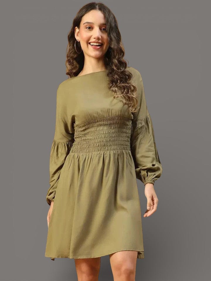 Green Smocked Waist Dress - Women's Long Sleeve Knee Length Soft Viscose