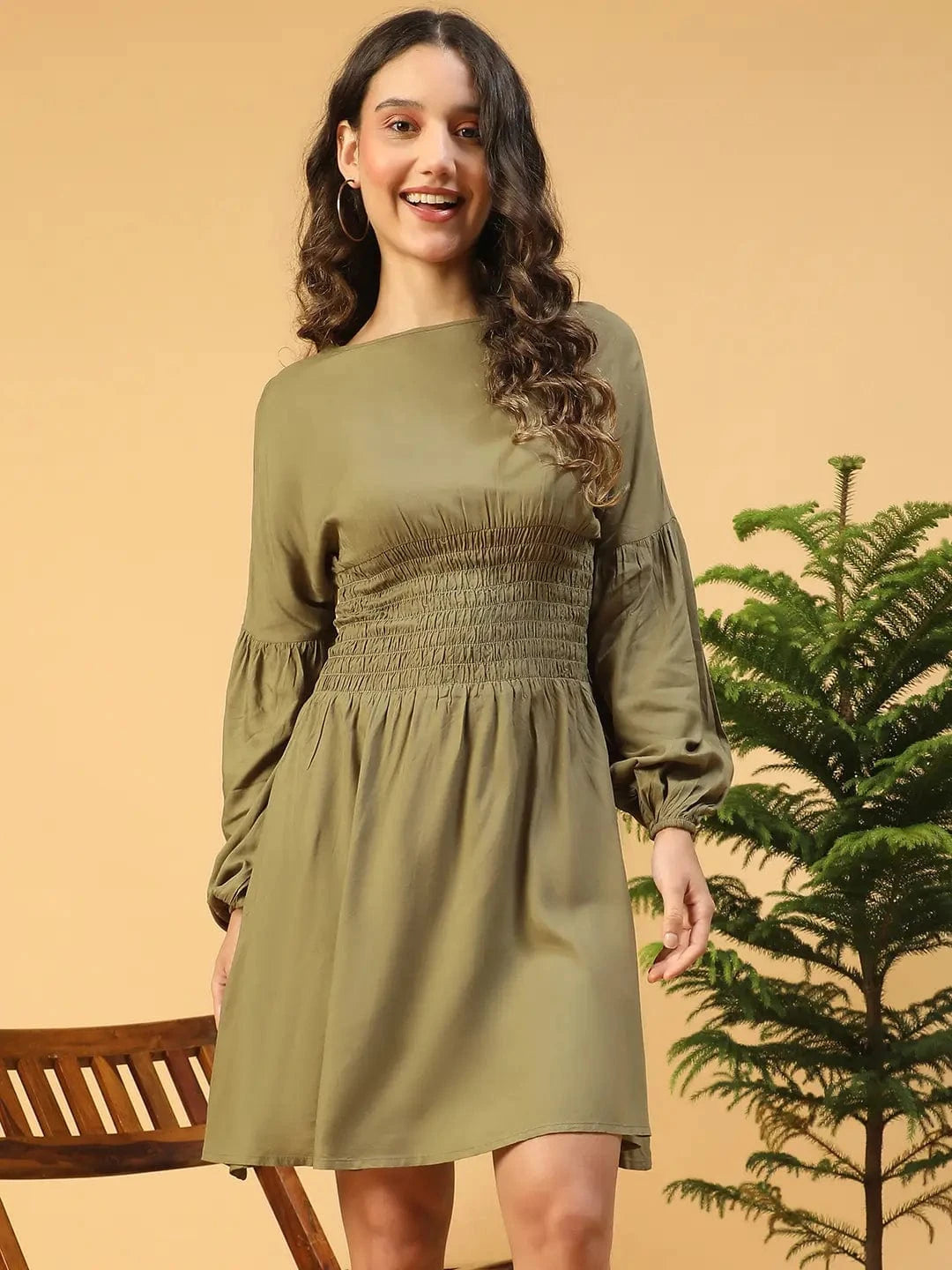 Gallant Green Long Sleeve With Smocking Waist Women Dress