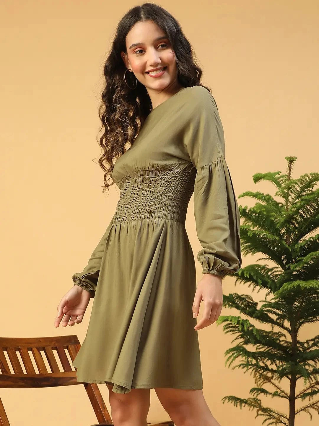 Gallant Green Long Sleeve With Smocking Waist Women Dress