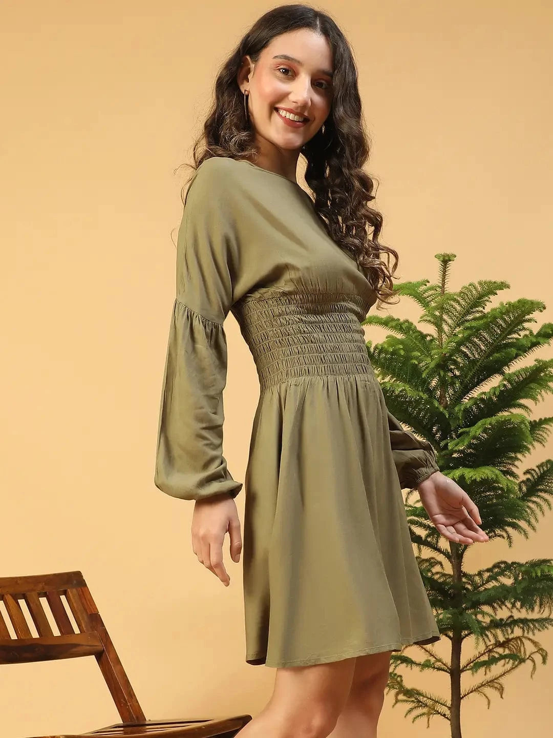 Gallant Green Long Sleeve With Smocking Waist Women Dress