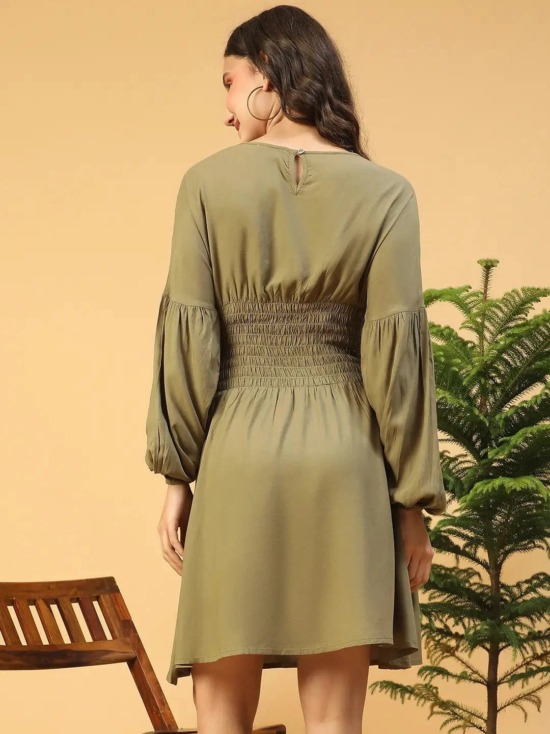 Gallant Green Long Sleeve With Smocking Waist Women Dress