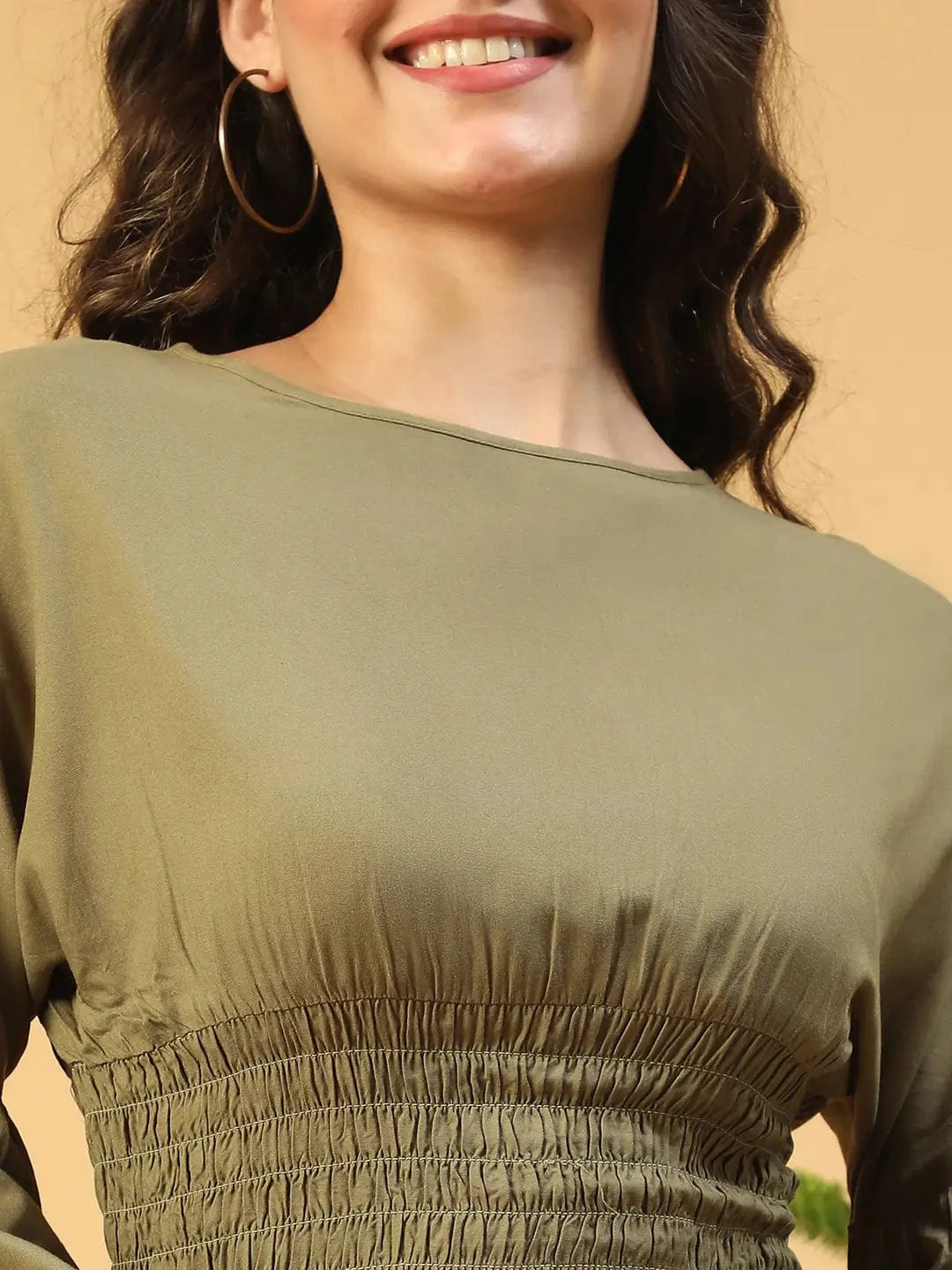 Gallant Green Long Sleeve With Smocking Waist Women Dress