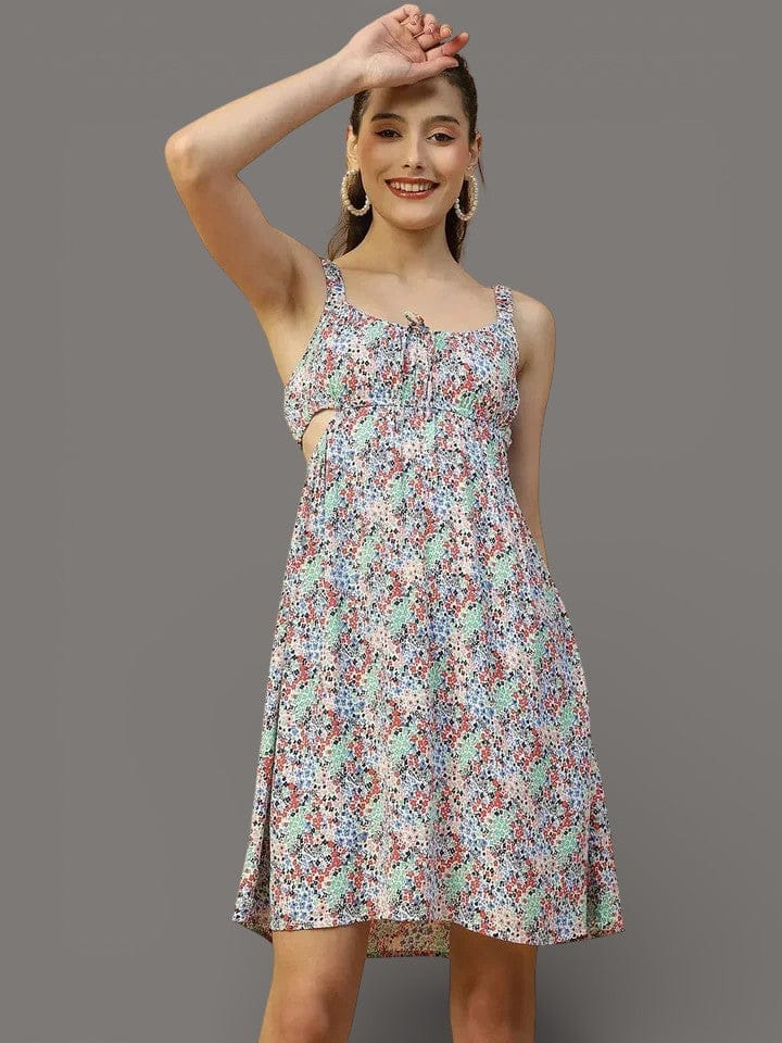 Blue Floral Dress - Sleeveless Cut Out Women Dress With Elastic Waist & V-Neck Tie-Up