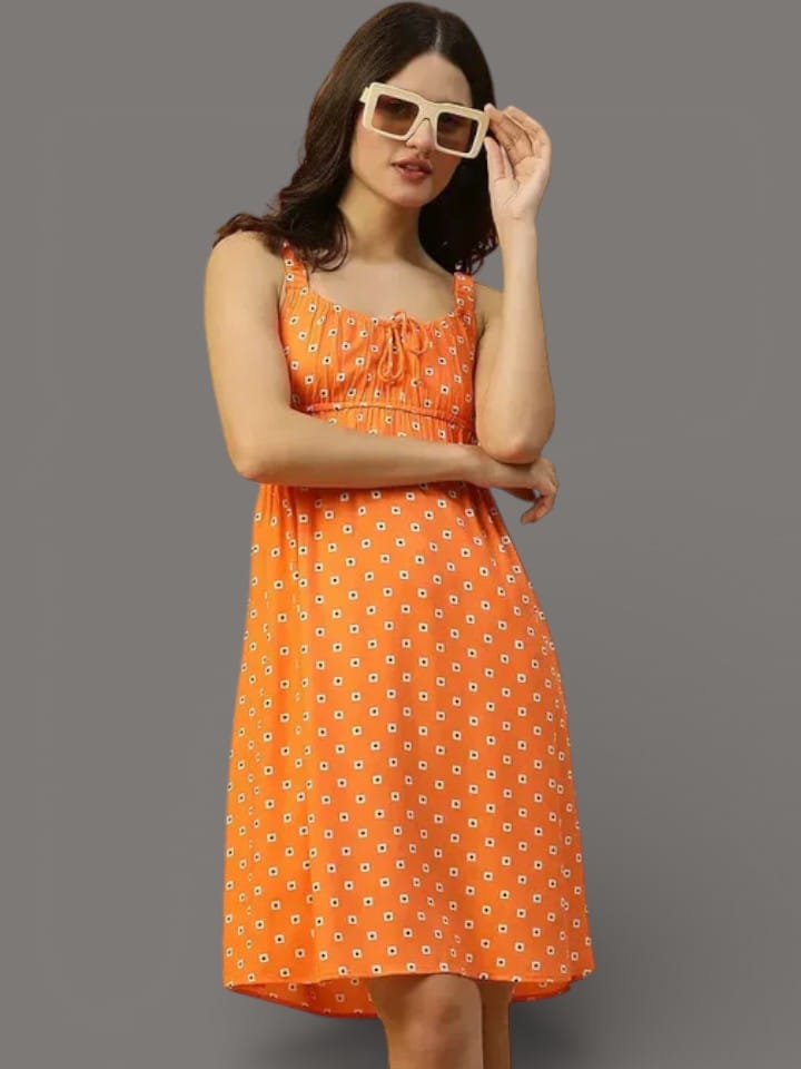 Orange Sleeveless Dress - Printed Casual Women Summer Dress with Elastic Waist