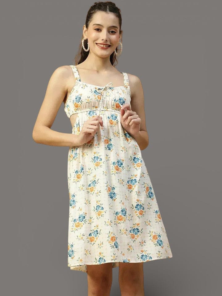 Off White Floral Dress - Sleeveless Summer Dress with Elastic Waist & V Neck Tie
