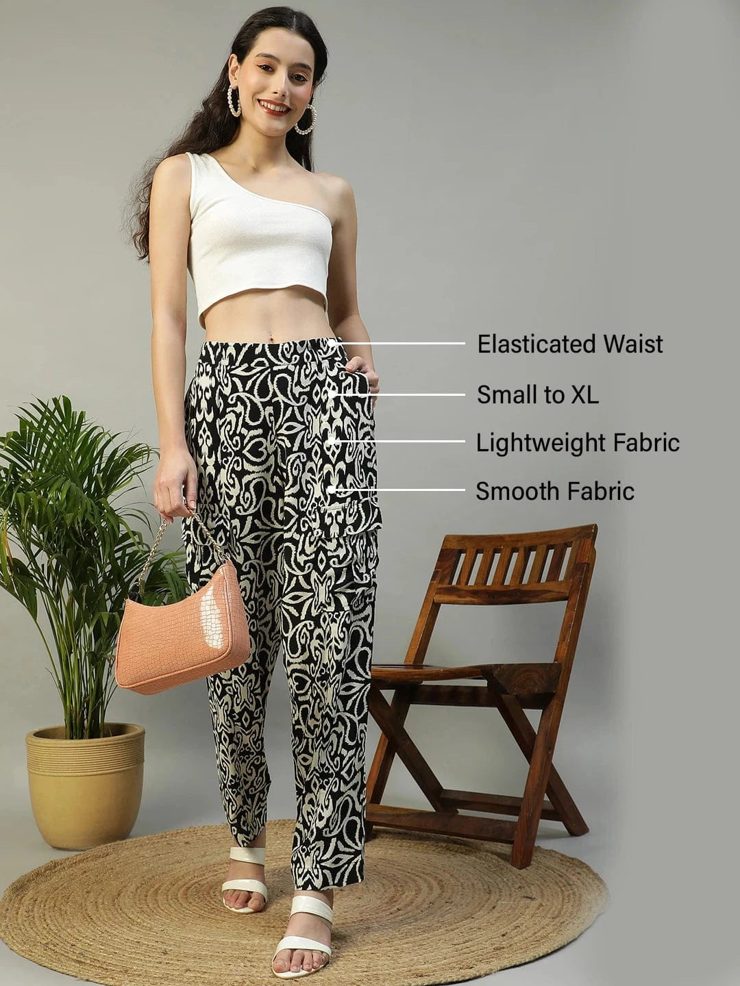 Formost Black  Print Elasticated Crargo Style Women Pant